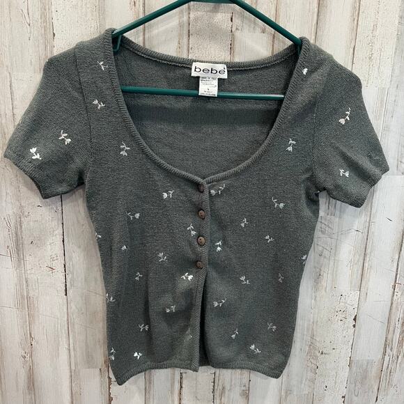 Vintage 90s Bebe Button Front Knit Top Cute Sexy Flowers Size Small Grunge Baby - Picture 1 of 7